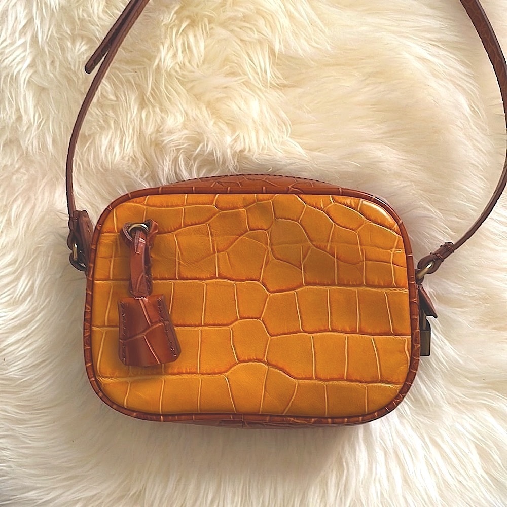 NWT J. Crew Croc Signet Mini Bag in Mustard Yellow Ochre, Pink & Brown camera